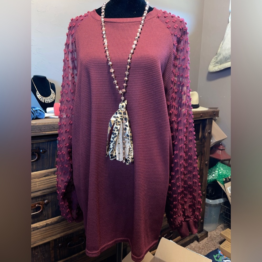Miholl NWT long sleeve top burgundy knit textured top with sheer dot sleeves XXL